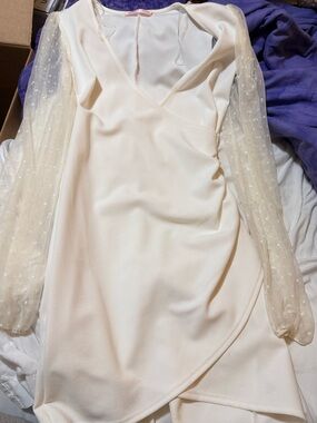 Blue Blush White Wrap Dress with Mesh Polka-Dot Sleeves